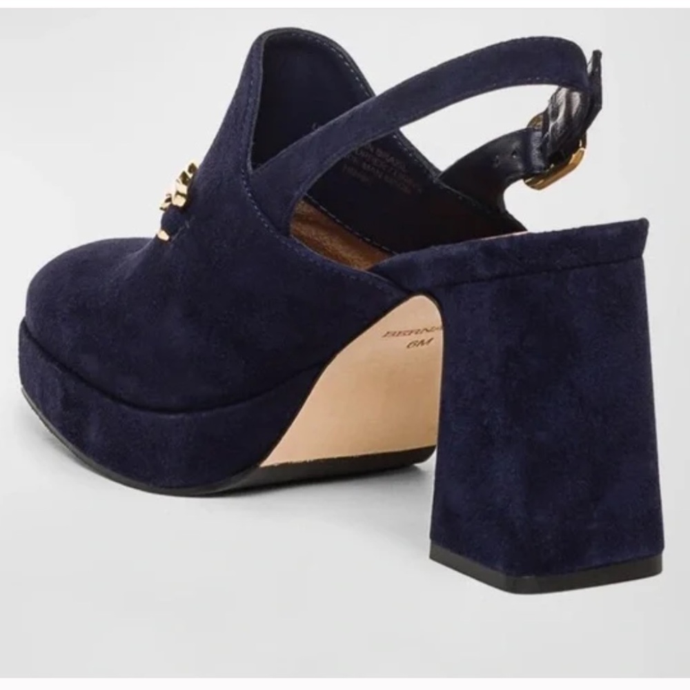 New Bernardo Napa platform sling back chain detail leather heel 7.5 navy - Picture 3 of 6